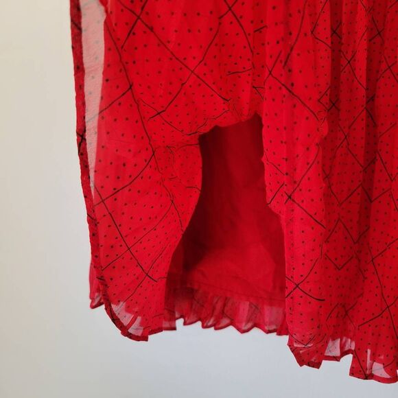 ELLE Red Pleated Midi Skirt Polka Dot Grid Print Size M - Picture 5 of 8